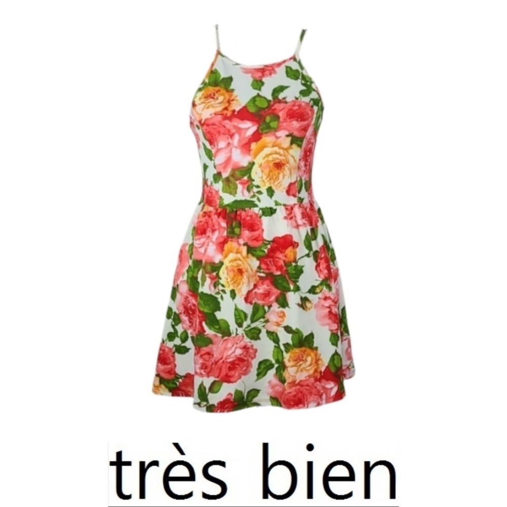 Y2K Vintage Dress Roses Floral Print Orange Bright Pink Multicolor Size S